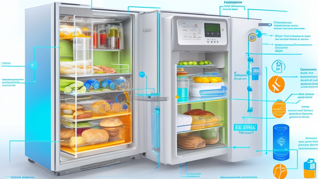 Modern energiahatékony hűtőszekrény keresztmetszeti diagramja inverter kompresszorral, duál hűtőrendszerrel és intelligens érzékelőkkel